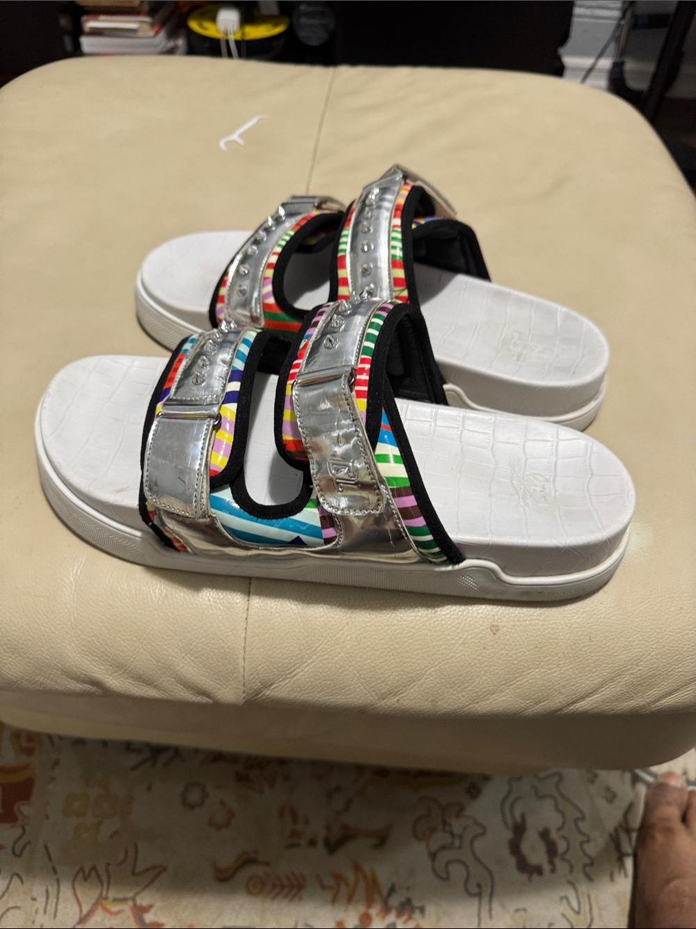 Colorful Striped Double Strap Slide Sandals - White Sole